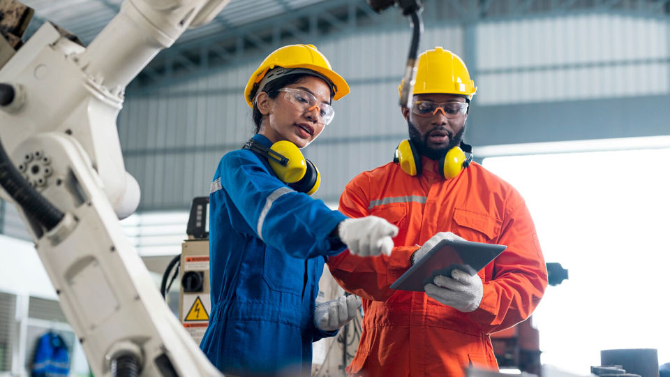 Two workers in protective gear looking at tablet next to a robot arm in high-tech factory