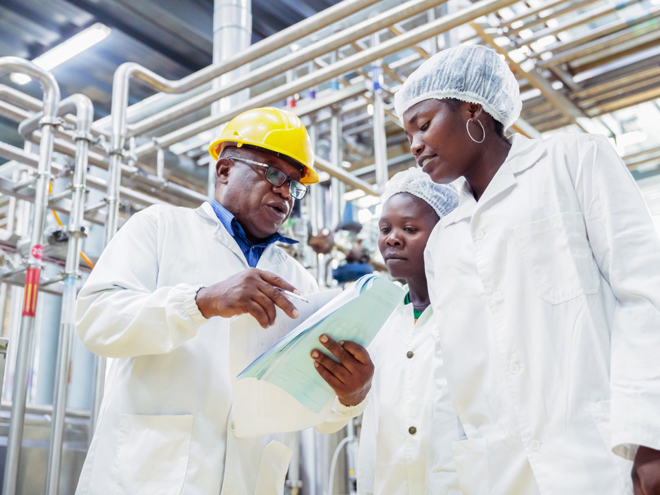 Male factory manager training colleagues